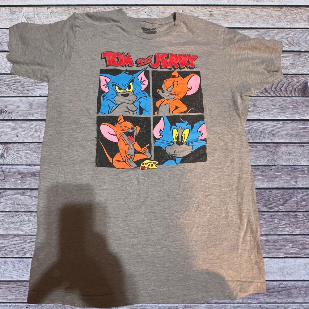 Tom and Jerry Large Graphic T-Shirt Mens‎ Gray Excellent Retro Cartoon Tee